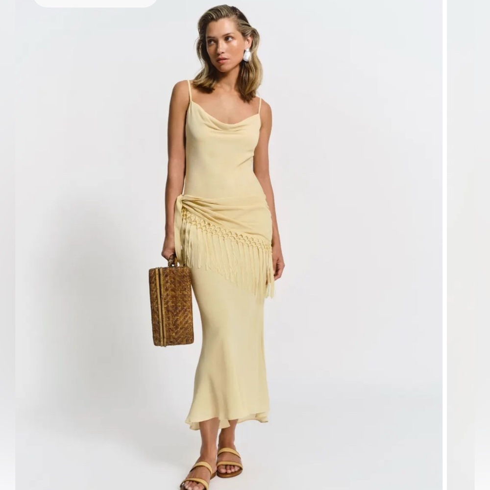 Reformation Pale Yellow Slip Dress with Fringe Detail